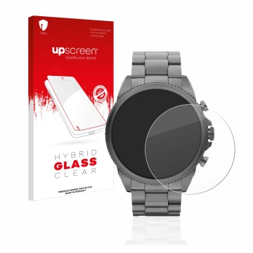 Face avant d’un emballage produit avec le logo de la marque upscreen. À côté, l’appareil Fossil Gen 6 (44mm) est représenté av