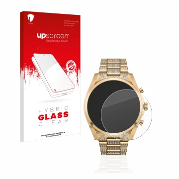 Face avant d’un emballage produit avec le logo de la marque upscreen. À côté, l’appareil Michael Kors Access Gen 6 Bradshaw es