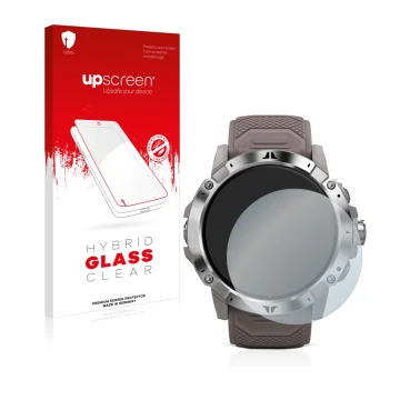 Face avant d’un emballage produit avec le logo de la marque upscreen. À côté, l’appareil Coros Vertix 2 est représenté avec la