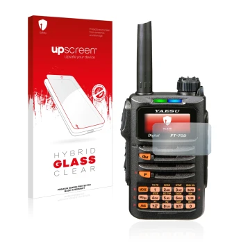 Face avant d’un emballage produit avec le logo de la marque upscreen. À côté, l’appareil Yaesu FT-70DR est représenté avec la 
