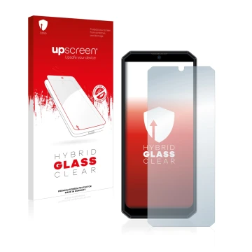 Face avant d’un emballage produit avec le logo de la marque upscreen. À côté, l’appareil Oukitel K15 Plus est représenté avec 