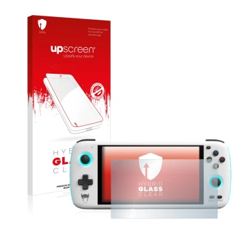 Face avant d’un emballage produit avec le logo de la marque upscreen. À côté, l’appareil AYN Odin est représenté avec la prote