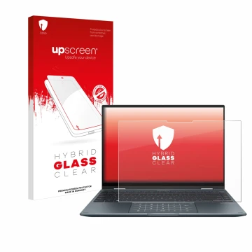 Face avant d’un emballage produit avec le logo de la marque upscreen. À côté, l’appareil ASUS ZenBook 14 Flip OLED est représe