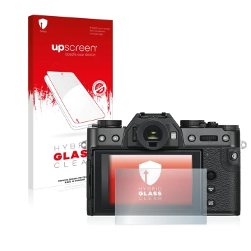 Face avant d’un emballage produit avec le logo de la marque upscreen. À côté, l’appareil Fujifilm X-T30 ll est représenté avec