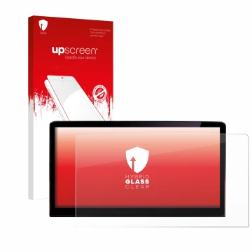 Face avant d’un emballage produit avec le logo de la marque upscreen. À côté, l’appareil Skoda Enyaq iV 80 2021 Infotainment S