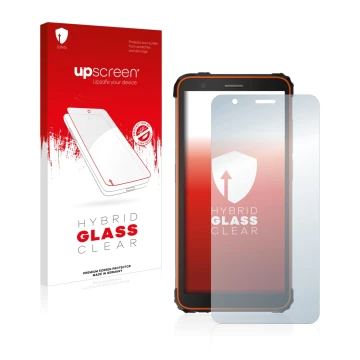Face avant d’un emballage produit avec le logo de la marque upscreen. À côté, l’appareil Blackview BV6600E est représenté avec