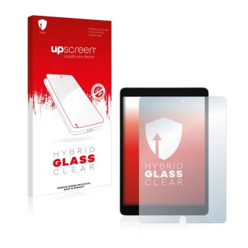 Face avant d’un emballage produit avec le logo de la marque upscreen. À côté, l’appareil Apple iPad 10.2