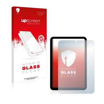 Face avant d’un emballage produit avec le logo de la marque upscreen. À côté, l’appareil Apple iPad Mini 6 2021 est représenté