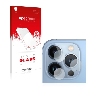 Face avant d’un emballage produit avec le logo de la marque upscreen. À côté, l’appareil Apple iPhone 13 Pro (Caméra UNIQUEMEN