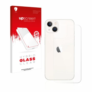 Face avant d’un emballage produit avec le logo de la marque upscreen. À côté, l’appareil Apple iPhone 13 (Arrière) est représe
