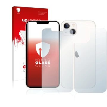 Face avant d’un emballage produit avec le logo de la marque upscreen. À côté, l’appareil Apple iPhone 13 (Avant+Arrière) est r