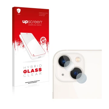Face avant d’un emballage produit avec le logo de la marque upscreen. À côté, l’appareil Apple iPhone 13 (Caméra UNIQUEMENT) e