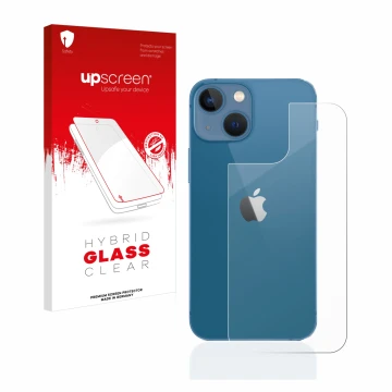 Face avant d’un emballage produit avec le logo de la marque upscreen. À côté, l’appareil Apple iPhone 13 mini (Arrière) est re