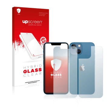 Face avant d’un emballage produit avec le logo de la marque upscreen. À côté, l’appareil Apple iPhone 13 mini (Avant+Arrière) 
