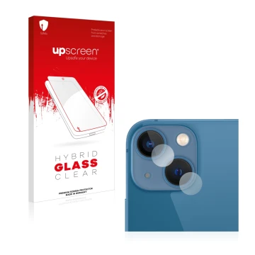 Face avant d’un emballage produit avec le logo de la marque upscreen. À côté, l’appareil Apple iPhone 13 mini (Caméra UNIQUEME