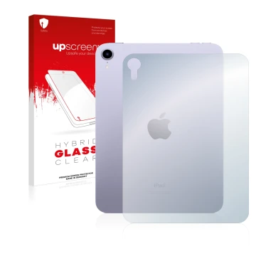 Face avant d’un emballage produit avec le logo de la marque upscreen. À côté, l’appareil Apple iPad Mini 6 WiFi 2021 (6ème gén