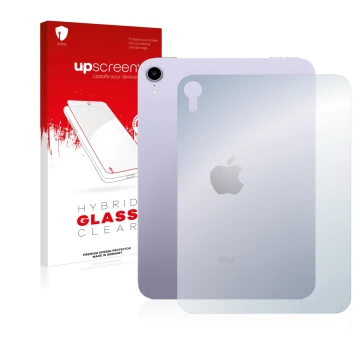 Face avant d’un emballage produit avec le logo de la marque upscreen. À côté, l’appareil Apple iPad Mini 6 2021 (6ème Gen., Ar