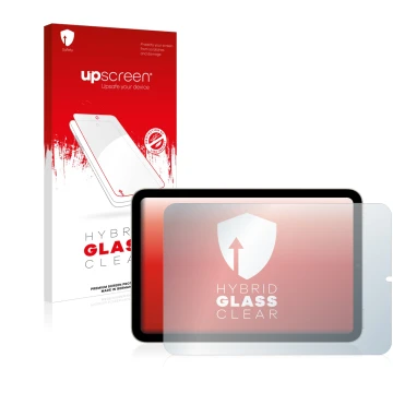 Face avant d’un emballage produit avec le logo de la marque upscreen. À côté, l’appareil Apple iPad Mini 6 2021 (en paysage, 6