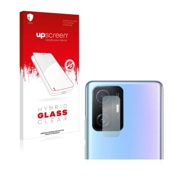 Face avant d’un emballage produit avec le logo de la marque upscreen. À côté, l’appareil Xiaomi 11T Pro (Caméra UNIQUEMENT) es