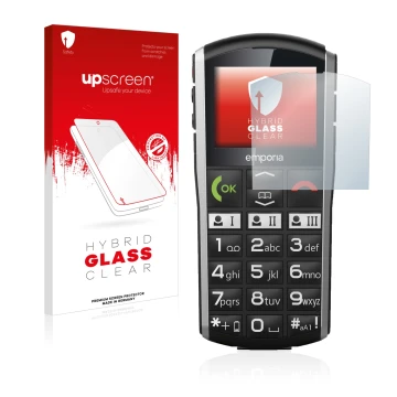 Face avant d’un emballage produit avec le logo de la marque upscreen. À côté, l’appareil Emporia Simplicity est représenté ave