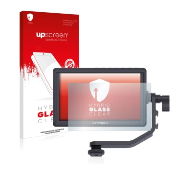 Face avant d’un emballage produit avec le logo de la marque upscreen. À côté, l’appareil Feelworld FW568 5.5