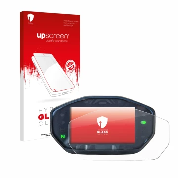 Face avant d’un emballage produit avec le logo de la marque upscreen. À côté, l’appareil Ducati Monster / Monster + 2021 est r