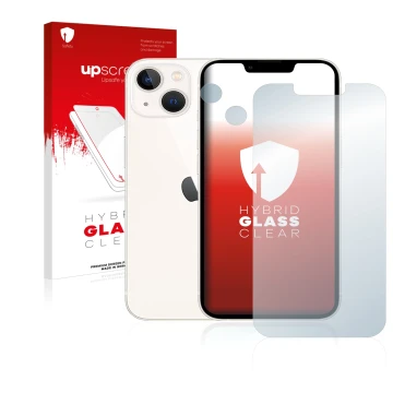 Face avant d’un emballage produit avec le logo de la marque upscreen. À côté, l’appareil Apple iPhone 13 (Avant+Caméra) est re
