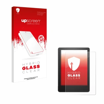 Face avant d’un emballage produit avec le logo de la marque upscreen. À côté, l’appareil Amazon Kindle Paperwhite 2021 (11ème 
