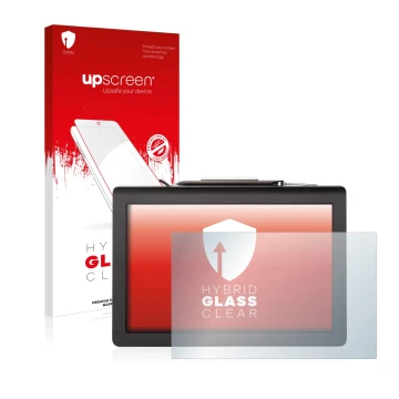 Face avant d’un emballage produit avec le logo de la marque upscreen. À côté, l’appareil Signotec Pen Display Delta (Touch) es