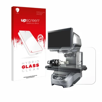 Face avant d’un emballage produit avec le logo de la marque upscreen. À côté, l’appareil Keyence IM-8020 Dessus en verre est r