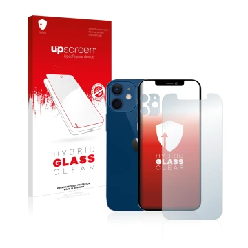 Face avant d’un emballage produit avec le logo de la marque upscreen. À côté, l’appareil Apple iPhone 12 (Avant+Caméra) est re