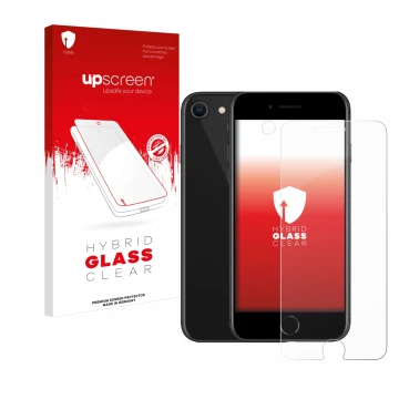 Face avant d’un emballage produit avec le logo de la marque upscreen. À côté, l’appareil Apple iPhone SE 2 2020 (Avant+Caméra)