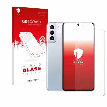 Face avant d’un emballage produit avec le logo de la marque upscreen. À côté, l’appareil Samsung Galaxy S21 (Avant+Caméra) est