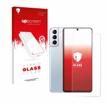 Face avant d’un emballage produit avec le logo de la marque upscreen. À côté, l’appareil Samsung Galaxy S21 Plus 5G (Avant+Cam