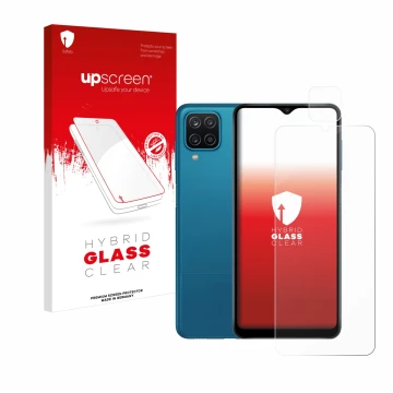 Face avant d’un emballage produit avec le logo de la marque upscreen. À côté, l’appareil Samsung Galaxy A12 (Avant+Caméra) est