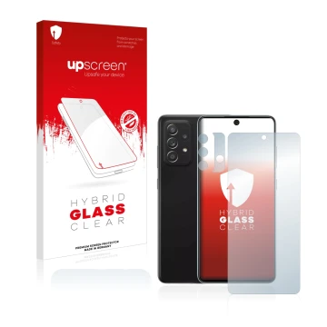 Face avant d’un emballage produit avec le logo de la marque upscreen. À côté, l’appareil Samsung Galaxy A52 5G (Avant+Caméra) 