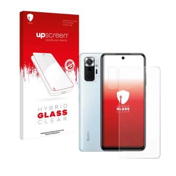 Face avant d’un emballage produit avec le logo de la marque upscreen. À côté, l’appareil Xiaomi Redmi Note 10 Pro (Avant+Camér