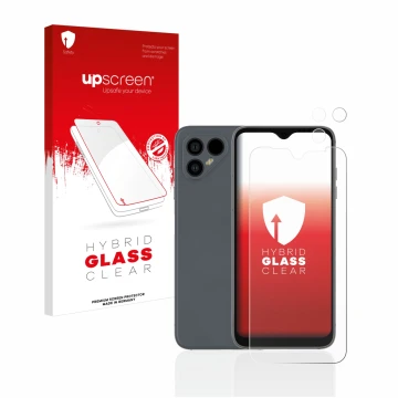 Face avant d’un emballage produit avec le logo de la marque upscreen. À côté, l’appareil Fairphone 4 (Avant+Caméra) est représ