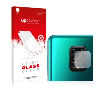 Face avant d’un emballage produit avec le logo de la marque upscreen. À côté, l’appareil Xiaomi Redmi Note 10 Lite (Caméra UNI