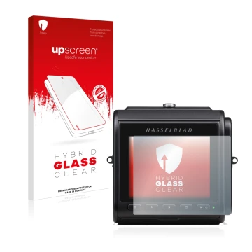 Face avant d’un emballage produit avec le logo de la marque upscreen. À côté, l’appareil Hasselblad 907X 50C est représenté av