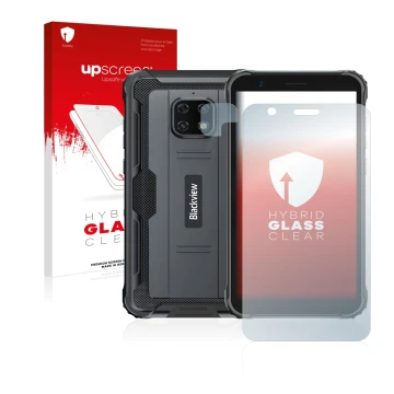 Face avant d’un emballage produit avec le logo de la marque upscreen. À côté, l’appareil Blackview BV4900S (Avant+Caméra) est 