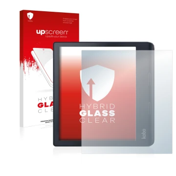 Face avant d’un emballage produit avec le logo de la marque upscreen. À côté, l’appareil Kobo Sage est représenté avec la prot