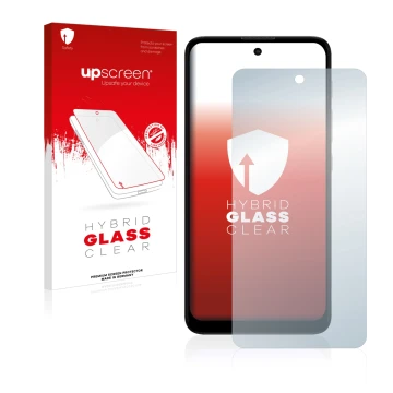 Face avant d’un emballage produit avec le logo de la marque upscreen. À côté, l’appareil Motorola Moto E40 est représenté avec