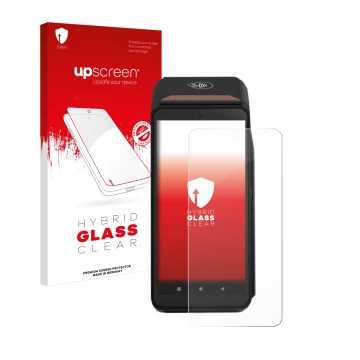 Face avant d’un emballage produit avec le logo de la marque upscreen. À côté, l’appareil ingenico Axium DX8000 est représenté 