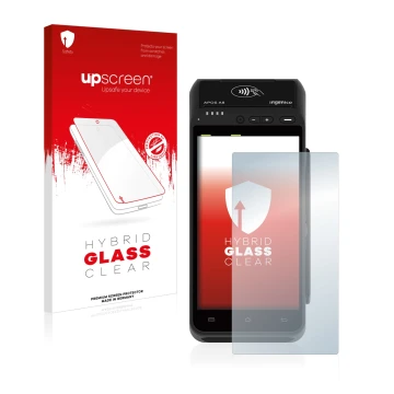 Face avant d’un emballage produit avec le logo de la marque upscreen. À côté, l’appareil ingenico Apos A8 est représenté avec 