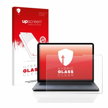 Face avant d’un emballage produit avec le logo de la marque upscreen. À côté, l’appareil Microsoft Surface Laptop Studio est r