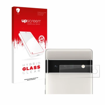 Face avant d’un emballage produit avec le logo de la marque upscreen. À côté, l’appareil Google Pixel 6 Pro (Caméra UNIQUEMENT