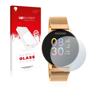 Face avant d’un emballage produit avec le logo de la marque upscreen. À côté, l’appareil Oozoo Q00117 est représenté avec la p
