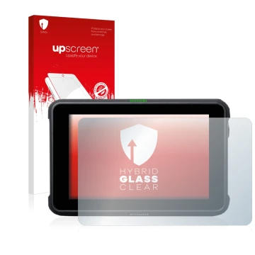 Face avant d’un emballage produit avec le logo de la marque upscreen. À côté, l’appareil Atomos Shinobi 7 est représenté avec 