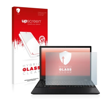 Face avant d’un emballage produit avec le logo de la marque upscreen. À côté, l’appareil Lenovo ThinkPad T15 Gen 2 est représe